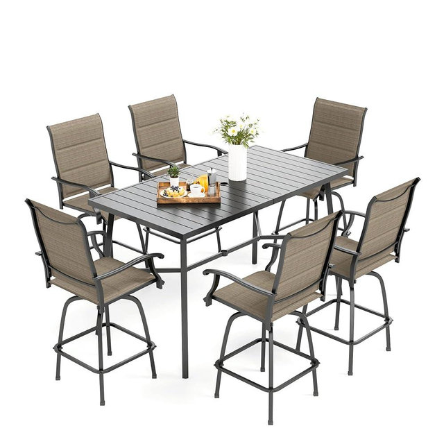 MFSTUDIO Patio Bar Set of 7, Outdoor Bar Height Table and Chairs, 1 x Heavy Duty Metal Slat High Top Bar Table with 6 x Swivel Outdoor Bar Stool, Foam Padded Fabric