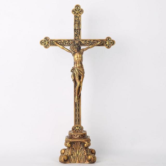 BC Catholic Standing Crucifix, Table Top Religious Cross, Devout Gift, Hand Painted in Vintage Gold finish, 14.75" H by Buildclassic