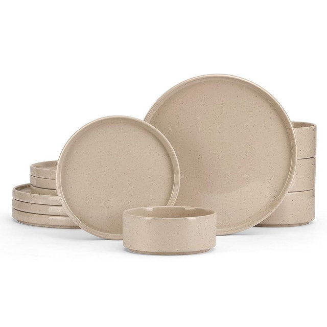 E-far Stoneware Dinnerware Sets, 12-Piece Plates and Bowls Dish Set for 4, Kitchen Modern Dinning Ware, Chip and Scratch Resistant, Microwave & Dishwasher Safe, Speckled Khaki