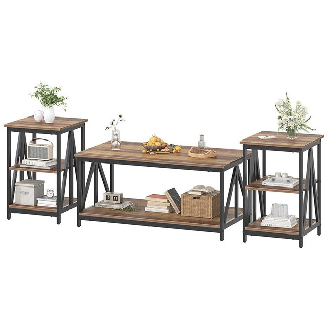 Bigbiglife Living Room Coffee Table Set of 3, Industrial X-Design Coffee Table and 2 End Side Tables, 3 Piece Living Room Table Set with Large Storage for Apartment Home (Wood Grain)