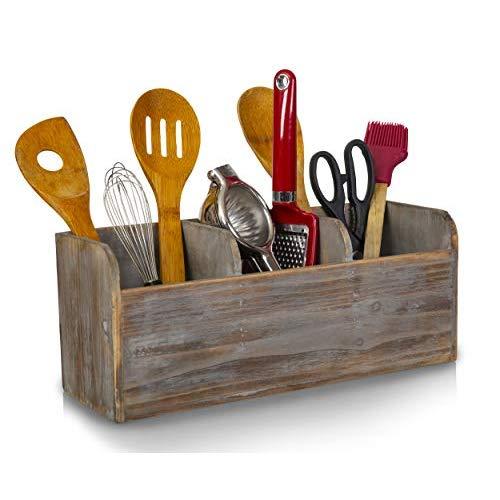Besti Rustic Kitchen Utensil Holder With 3 Compartments | Torched Wood Utensil Organizer | For Cutlery, Napkins, Cups & More | Large Vintage Countertop Caddy Box | Size: 6.5 x 14.8 x 5” Inch