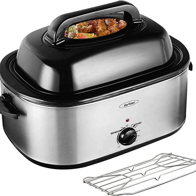 24 Quart Electric Roaster with Removable Pan,Electric Turkey Roaster Oven with Visible & Self-Basting Lid,Large Roaster with Removable Pot and Cool-Touch Handles,Silver Body and Black Lid