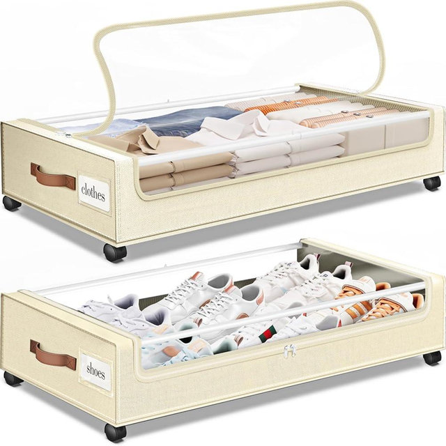 SpaceHacks Under Bed Storage with Wheels 2Pack Underbed Storage with Clear Window&Label Under Bed Drawers Large Capacity Rolling Under Bed Storage for Clothes,Shoes, Blankets (Beige)