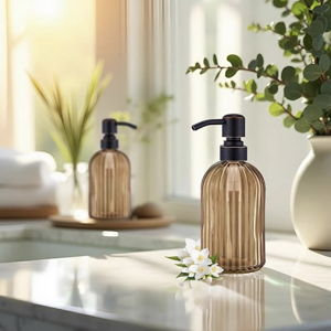 16 OZ Amber Glass Soap Dispenser, Amber Stripe Bathroom Hand Soap Dispensers with Stainless Steel Bronze Pump,Brown Glass Kitchen Hand Soap Dispenser with Oil Rubbed Bronze Pump