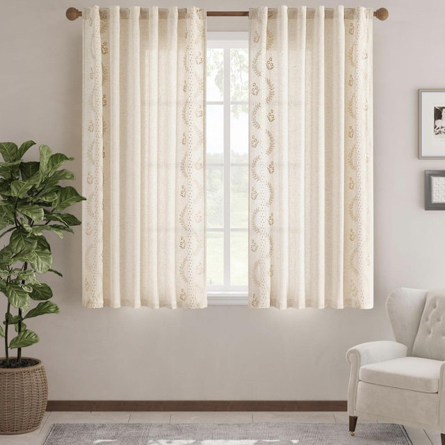 jinchan Belrose Linen Curtains for Bedroom Floral Curtains 63 Inch Length Linen Blend Beige Embroidered Drapes Farmhouse Flower Patterned Drapes for Living Room Window Treatments Set 2 Panels