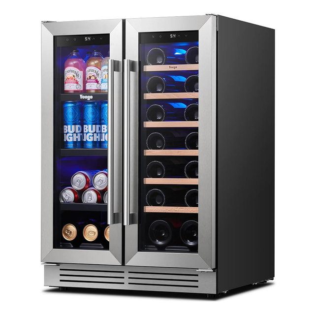 Yeego 24 Inch Wine and Beverage Cooler - 36-72°F, Holds 60 Cans & 20 Bottles Adjustable Shelves Beverage Fridge, Stainless Steel with glass Door for Built-in for Kitchen/Bar