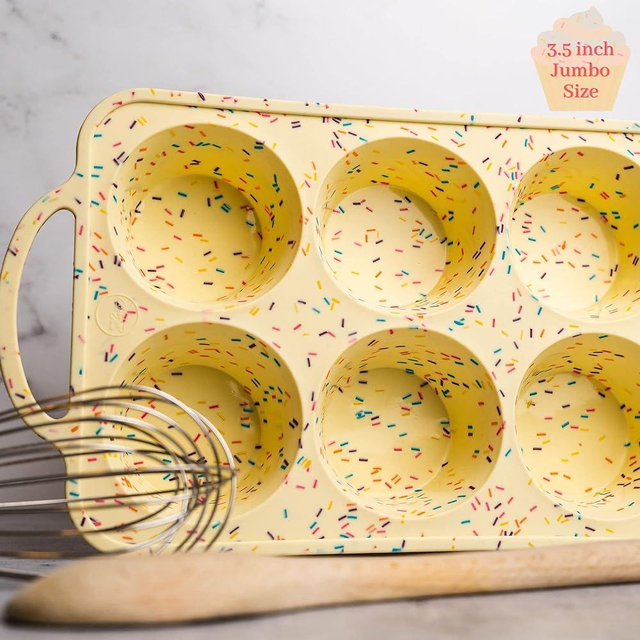 BAKE BOSS Silicone Muffin Pan With Handles, 6 Cups Jumbo Cupcake Pan, Silicone Muffin Cups for Baking, Eggs & Cupcakes, Non-Stick Silicone Cupcake Molds Dishwasher Safe & BPA Free - Confetti Color