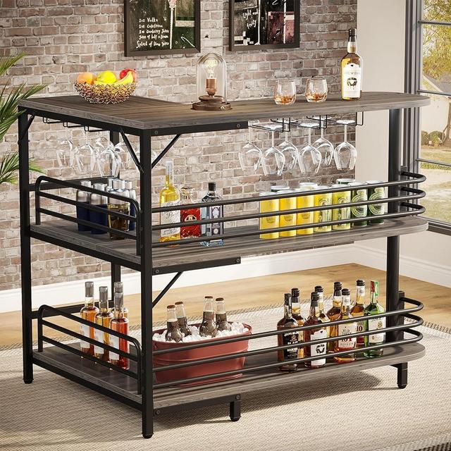 Tribesigns L-Shaped Home Bar Unit, 3 Tier Liquor Bar Table with Storage Shelves and Wine Glasses Holder, Industrial Corner Wine Bar Cabinet Mini Bars for Home Kitchen Pub, Grey