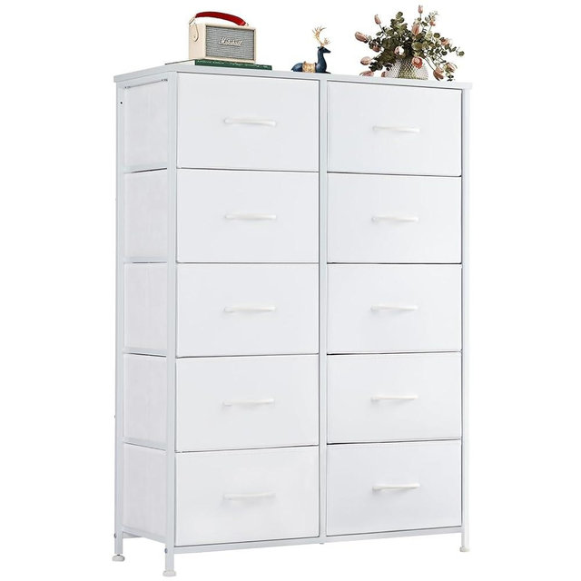 Atilioo Dresser for Bedroom with 10 Drawers, Anti-Tip Tall Fabric Chests Storage Organizer Tower Furniture with Wooden Top Metal Frame for Clothes, Closet, Living Room, Hallway, Entryway