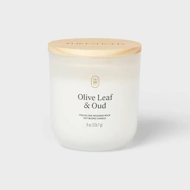 Milky Glass Wooden Wick Olive Leaf and Oud Jar Candle 8oz - Threshold™