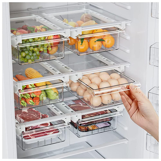 2 Pack Refrigerator Drawer Organizer, Pull Out Refrigerator Shelf Storage Drawer Organizer, Transparent Fridge Organizer for Egg, Fruit, Vegetable, Seafood, Meat, Fit All Fridge Shelves Under 0.6''