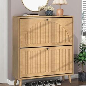 (Wood Color) Storage Cabinet for Entryway with 2 Flip Drawers