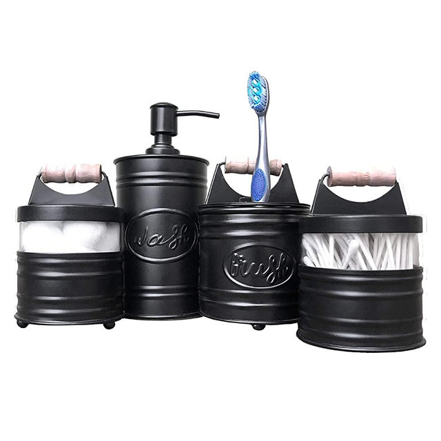 Autumn Alley Rustic Farmhouse Black Bathroom Accessories Set (4 PCS) - Lotion Soap Dispenser, Toothbrush Holder, 2 Apothecary Jars (Qtip Holder) - Rustic Farmhouse Bathroom Decor