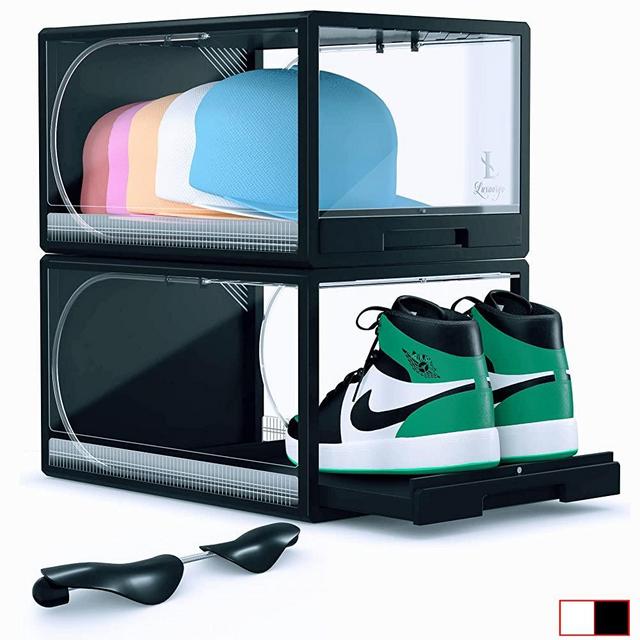 Premium Reinforced Acrylic Sneaker Throne Boxes. Multipurpose Shoe Containers. Sneaker Storage For Sneakerheads. Upgrade Drawer Type Shoe Boxes Clear Plastic Stackable. Shoe Bin. Clear Shoe Boxes Stackable & Shoe Tree. Large Drop Front Shoe Box With Lids. Shoe Box Storage Containers. Transparent Cap Box Hat Rack Storage Box. Shoe Case. Black. Fit Men Size 12 13 14 15 (X-Large) with Easy Assembly Instructions