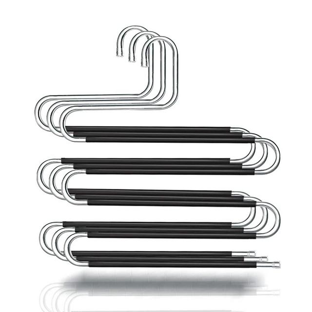HonTop 3 Pack Pants Hangers S-Shape 5 Layers Stainless Steel with Black Silicone Coating Multi Clothes Cascading Hangers Space Saving Clothes Organizer for Jeans Pants Scarf Ties Towels