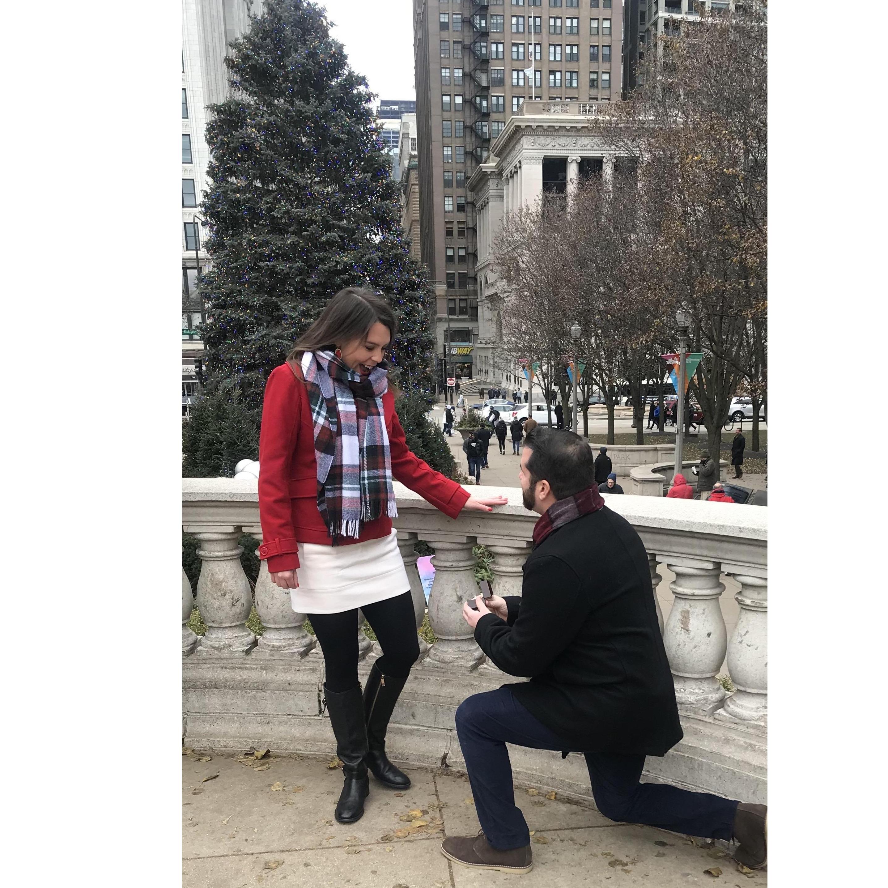 The proposal!!! At Millenium Park in front of the largest Christmas tree in Chicago.