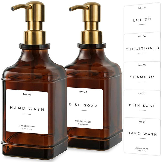 Emerson Essentials Soap Dispenser, Dish Soap Dispenser, Soap Bottle Bathroom Set, Farmhouse Home, Kitchen Soap Dispenser Set - Glass Soap Dispenser with Pump and Labels, 16 Oz, 2 Pack