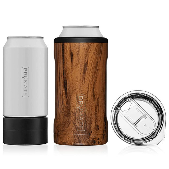 BrüMate HOPSULATOR TRíO 3-in-1 Stainless Steel Insulated Can Cooler, Works With 12 Oz, 16 Oz Cans And As A Pint Glass (Walnut)