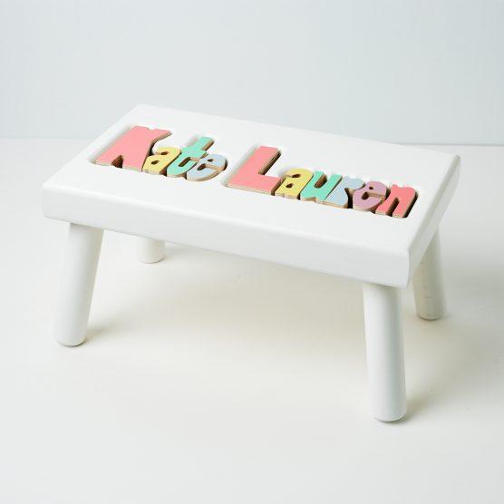 Hollow WoodworksPersonalized Maple Puzzle Stool Bench Double Name - White