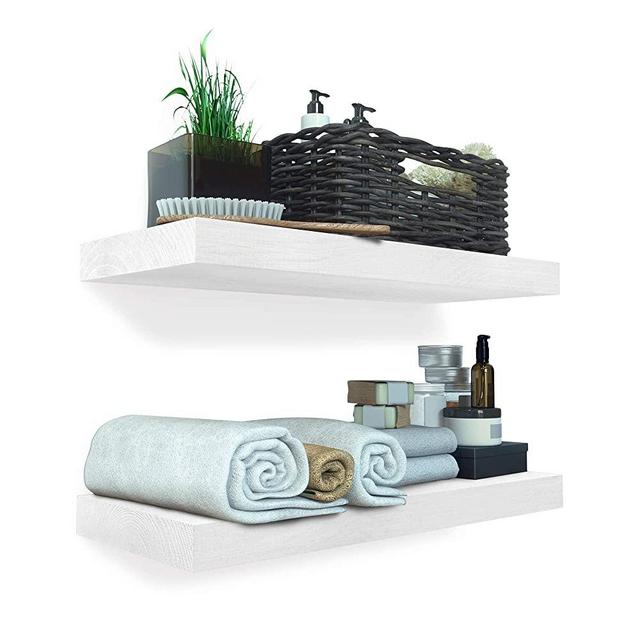 Baobab Workshop Floating Wood Shelves Set of 2 - Rustic Shelf 16 inch - Handcrafted in Europe - Wide Wooden Wall Shelves for Living Room Bedroom Kitchen Bathroom Farmhouse - White Color - 16" x 6.7"