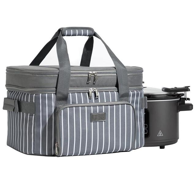 Fun Elements Double Layer Slow Cooker Carrier Bag for 6-8 Quart Oval Crock-Pot, Insulated Crock Pot Travel Bag with Support Pad and Adjustable Straps, Top Zip Compartment and Front Pocket for Utensils