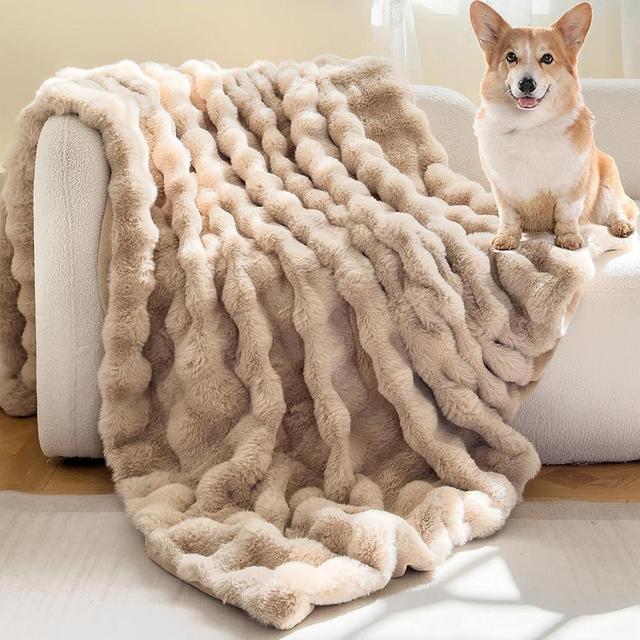 H&D Faux Fur Throw Blanket for Couch,Fluffy Cozy Soft Plush Luxury Thick Fuzzy Fleece Blanket for Couch Bed Sofa Bedroom Living Room,Comfy Bubble Blanket(Camel, Twin (60"x80"))