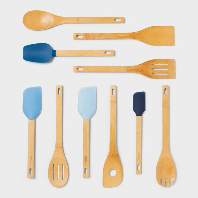 10pc Bamboo Silicone Kitchen Utensil Set Blue - Room Essentials™