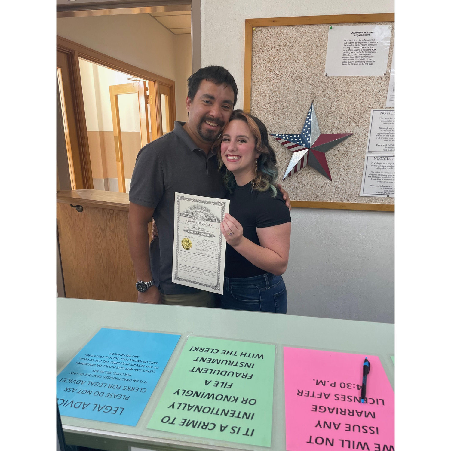Getting our Marriage license in Crosby county so no one could find out.
-August 21st, 2024