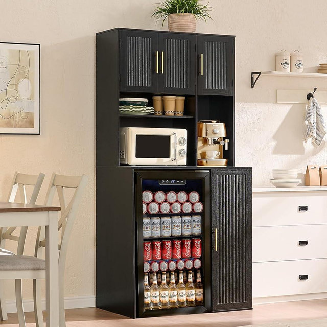 Okvnbjk Mini Fridge Cabinet with Storage & Power Outlets — 73" Tall Fluted Coffee Bar Cabinet with 5-Tier Shelves & Microwave Shelf for Kitchen, Dorm, Living Room, Dining Room (Black)