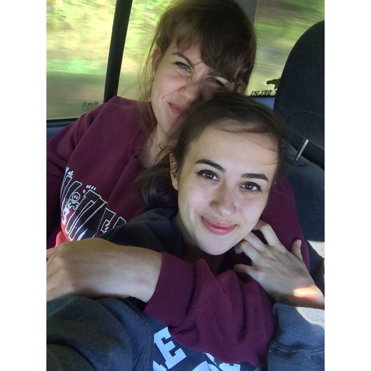 In the car with college friends on the way to Fly Creek Cider Mill
