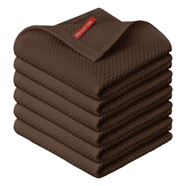 Artoid Mode 100% Cotton Dark Coffee Waffle Weave Kitchen Dish Cloths, 12x12 Inch Ultra Soft Absorbent Quick Drying Kitchen Dish Towels Set of 6