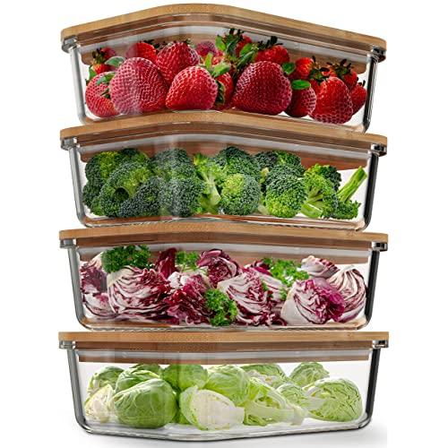 Glass Food Storage Containers with Bamboo Lids (4 Pack, 36 Ounce) Eco Friendly Meal Prep Containers Airtight – Plastic Free, BPA Free