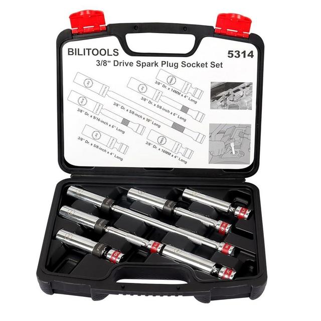 BILITOOLS 6 Piece 3/8-Inch Drive Magnetic Swivel Spark Plug Socket Set-includes 9/16-Inch, 5/8-Inch, 14mm, 16mm Socket & 3/8-inch Drive with 6-Point and 12-Point, CR-V