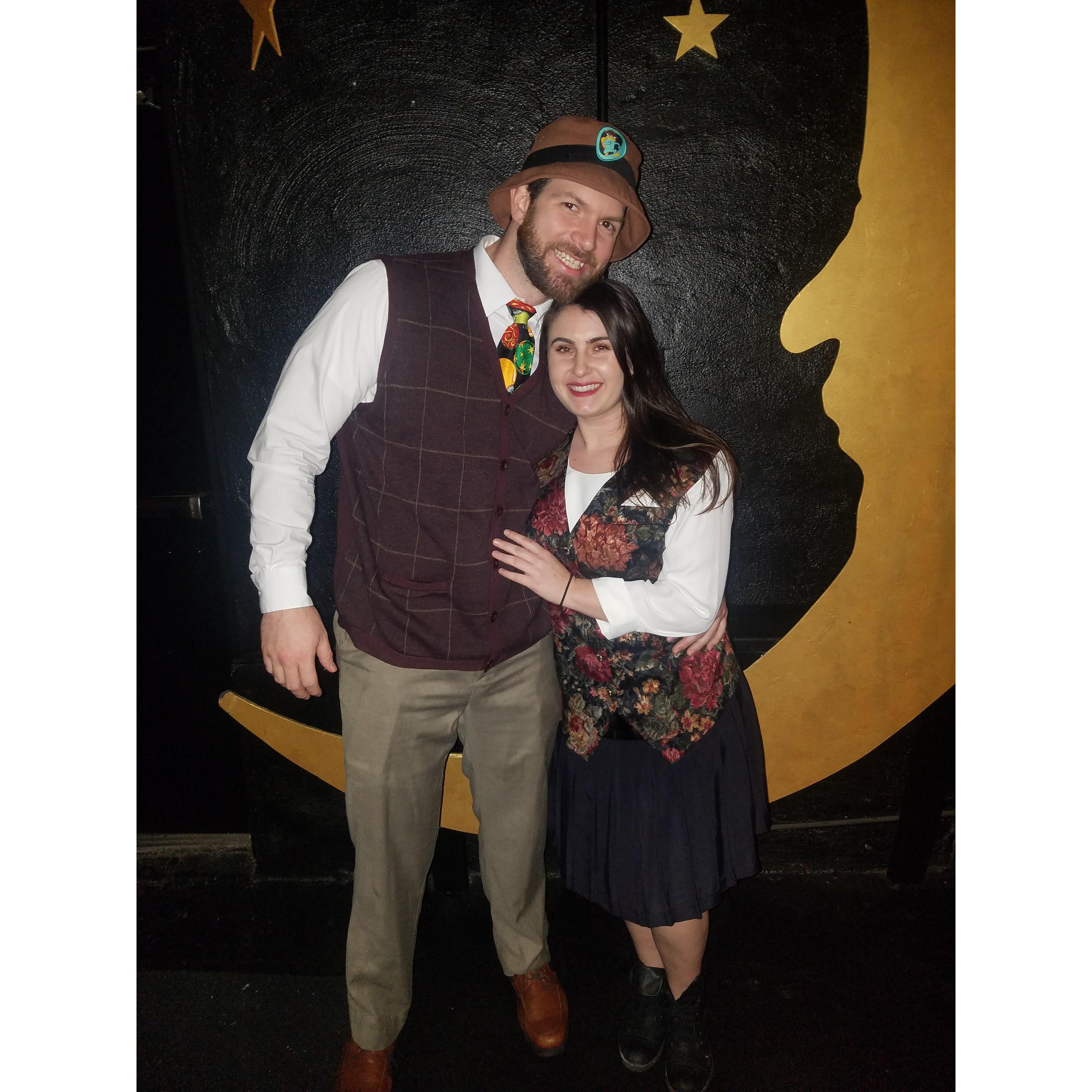 For our first anniversary, we ventured to the thrift store to select unique dinner outfits for each other, with a $20 spending limit. This was the result! :)