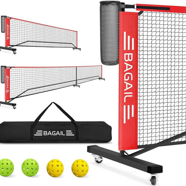BAGAIL Portable Pickleball Net Set with Wheels, 22 FT Regulation Size & 11 FT Half Court Size 2-in-1 Pickle Ball Net with Ball Collector, Carry Bag, 4 Pickle Balls, Easy Setup for Outdoor Indoor