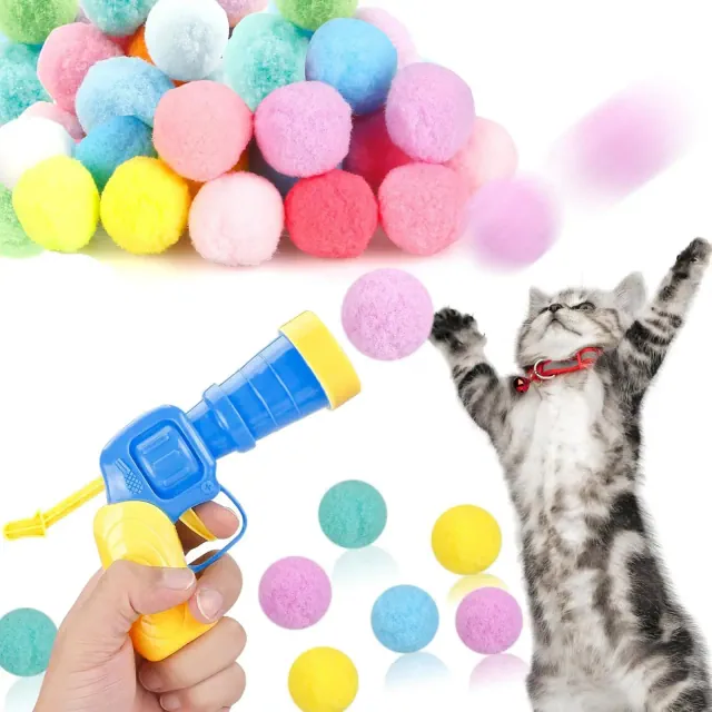 Alilang Interactive Cat Silent Fuzzy Ball Fetch Toy with 2 Gun Launcher for Bored Indoor Adult Cats and Kitties, 50 Balls