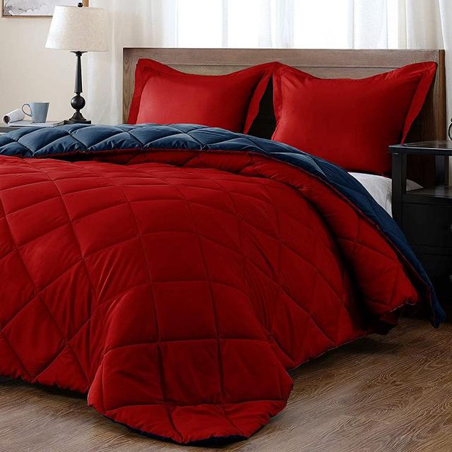 downluxe Lightweight Solid Comforter Set (Queen) with 2 Pillow Shams - 3-Piece Set - Red and Navy - Down Alternative Reversible Comforter