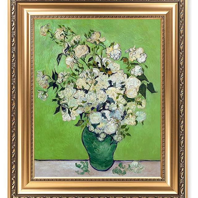 DECORARTS - Pink Roses in a Vase, Vincent Van Gogh Art Reproduction. Giclee Prints Match with Golden Framed for Wall Decor. Picture Size: 20x16 in, Framed Size: 26x22 in