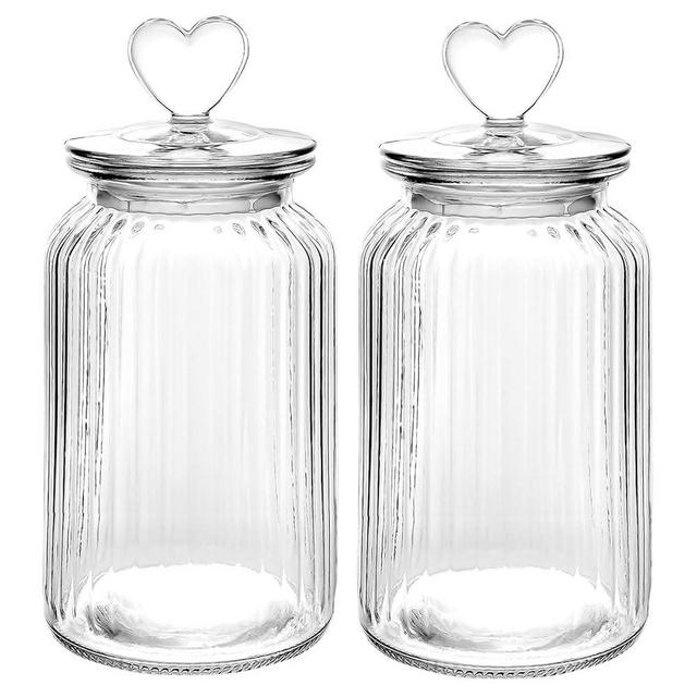 WHJY Set of 2 Airtight Glass Jars, 45oz Jar of Hearts Cute Cookie Jar Decorative Jars with Lids Candy Jars for Candy Buffet Heart Shaped Lid - Stripes Textured