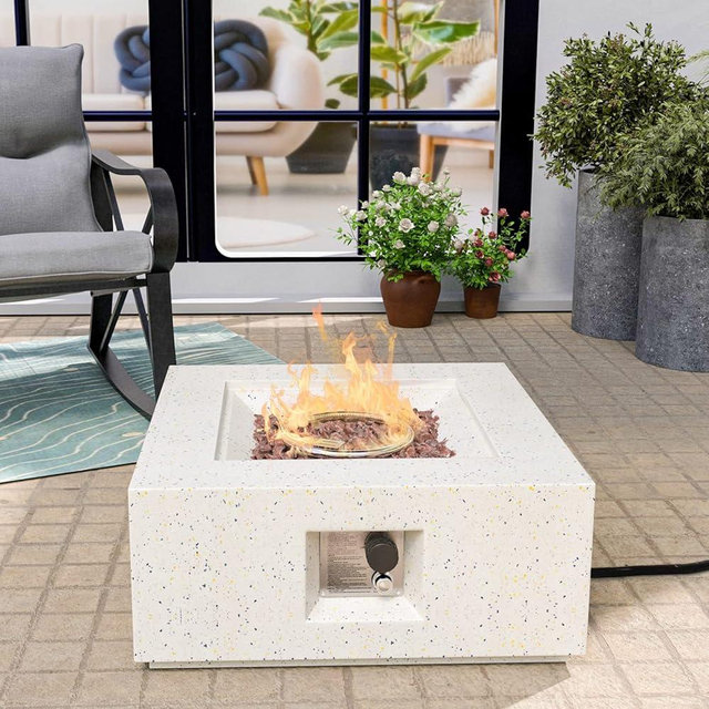 HOMPUS Outdoor Propane Fire Pit, 40,000 BTU 27-inch Square White Terrazzo Concrete Fire Table Gas Fire Pit w Lava Rocks and Rain Cover for Outdoor, Deck or Backyard