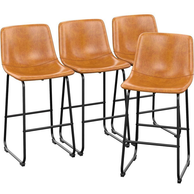 REONEY Bar Stools Set of 4, PU Leather Counter Height Bar Stools, 30" Modern Bar Stools with Metal Legs and Footrest, Urban Armless Dining Chairs with Backrest for Kitchen Island (Brown)