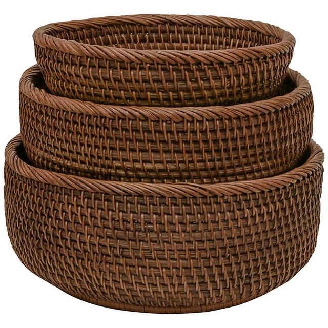 Round Wicker Baskets Handwoven Fruit And Vegetable Storage For Serving Potatoes Onions Bread Rattan Decor Basket Stackable Set 3 Fruit Holder For Kitchen Countertop Organizing Bathroom (Dark Brown)