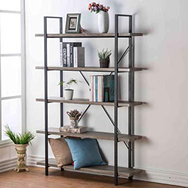 HSH Furniture 5-Shelf Vintage Industrial Rustic Bookshelf, Wood and Metal Bookcase, Open Etagere Book Shelf, Dark Oak