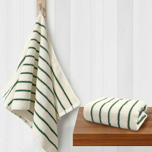 VOOVA & MOVAS Green Stripe Cotton Hand Towels Set of 2, 13x28 Inch, Medium Weight 420GSM, Ultra Absorbent, Daily Use Bathroom & Kitchen Towels, Durable Soft Comfortable