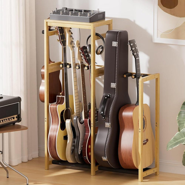 Amazer Guitar Stand, Guitar Rack for Acoustic, Bass, Electric Guitar, Multi Guitar Display Stand Adjustable Bamboo Guitars Holder, Multiple Guitar Stands Floor, for Home Music Studio