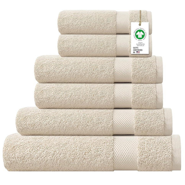 Delara 100% Organic Cotton Towels 650 GSM Plush Feather Touch Quick Dry Towel, 6-Piece Towel Set GOTS Certified, Oeko-Tex Green Certified, 1 Bath Towel, 1 Bath Sheet, 2 Hand Towels & 2 Wash Cloths
