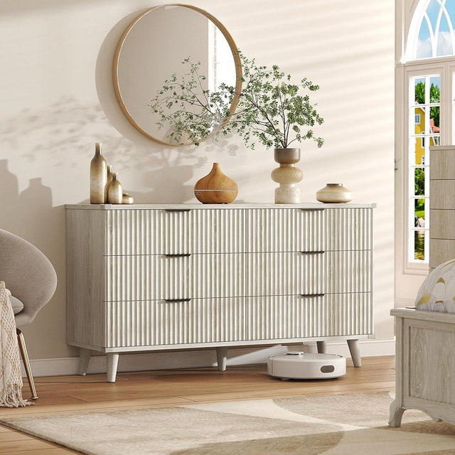 Lulive Wood Dresser for Bedroom with 6 Drawers, 53.2" Long Fluted Modern Chest of Drawers Storage Organizer, Dressers TV Stand for Living Room, Closet, Hallway (White Oak)