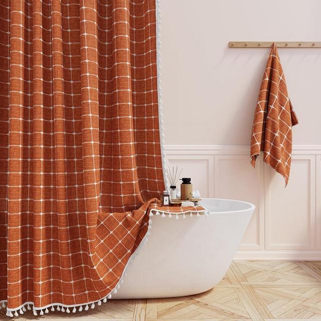 BTTN Boho Farmhouse Shower Curtain - Linen Rustic Heavy Duty Fabric Shower Curtain Set with Tassel, Water Repellent, Bohemian Vintage Country Cloth Shower Curtains for Bathroom - Burnt Orange - 72x72