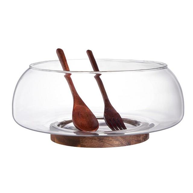 Large Glass Salad Bowl Set with Acacia Wood Base and Salad Serving Utensils, Salad Servers for Party, Fruits, Popcorn, Chips, Pasta, Kitchen Must-Have