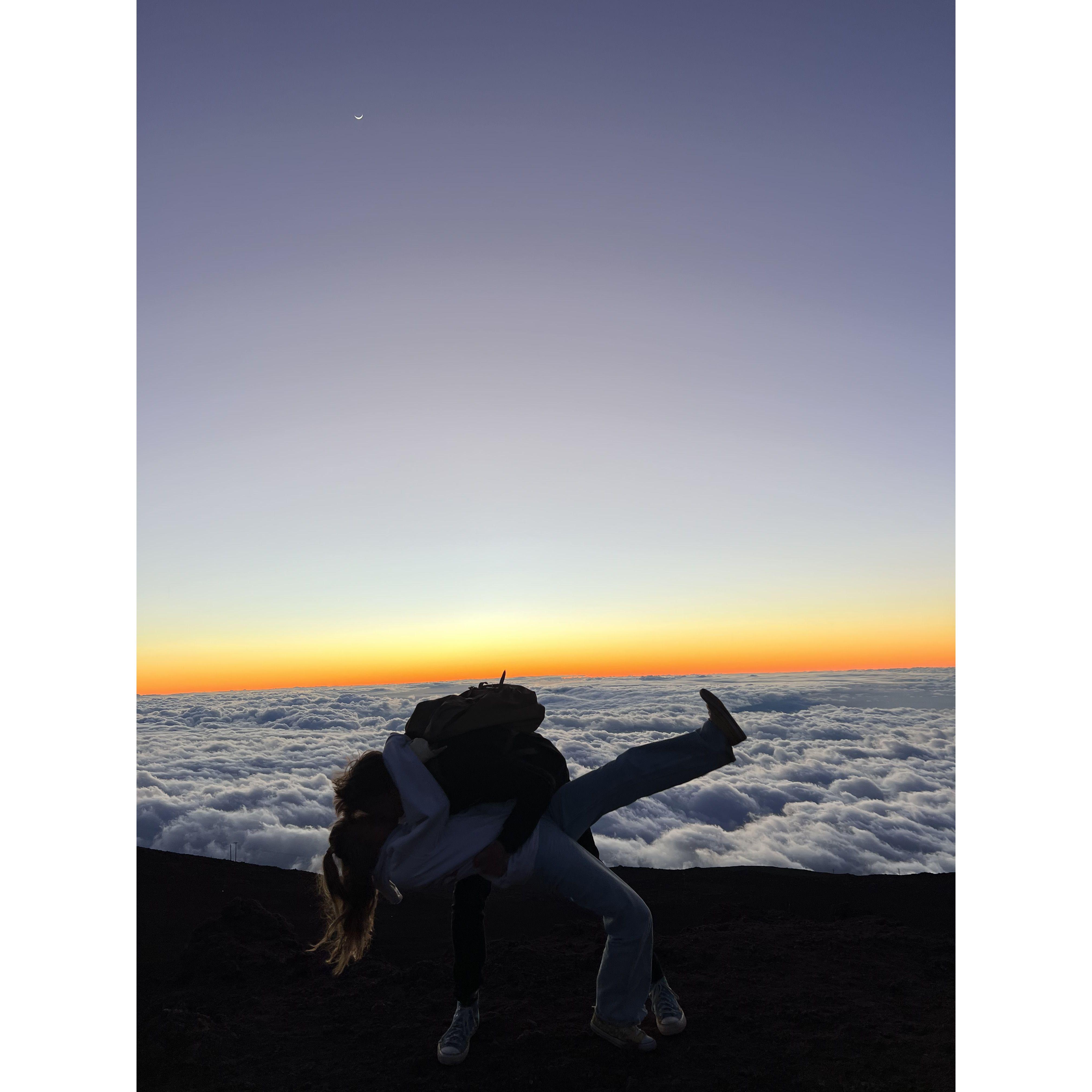 When we did medium distance from Houston to Austin, every time we said our goodbyes a dip kiss was had. This was taken at the Haleakalā summit in Maui, one of our favorite places!